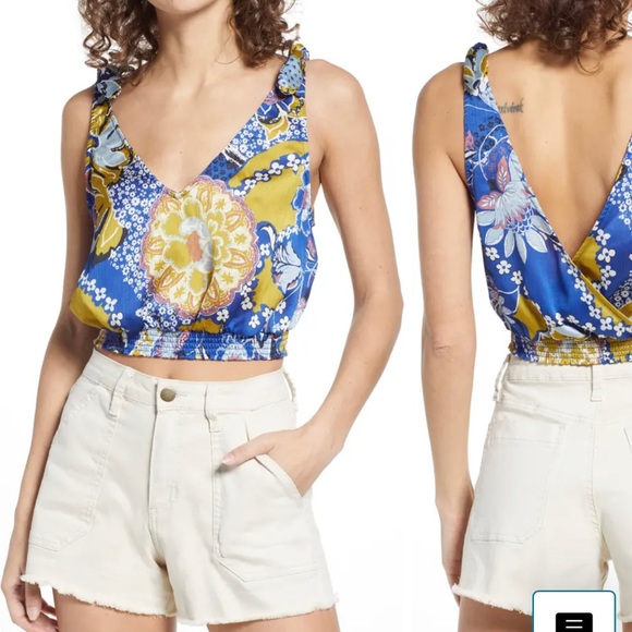 Free People Tops - Free People Blue and Yellow Floral V-Neck Cropped Tank